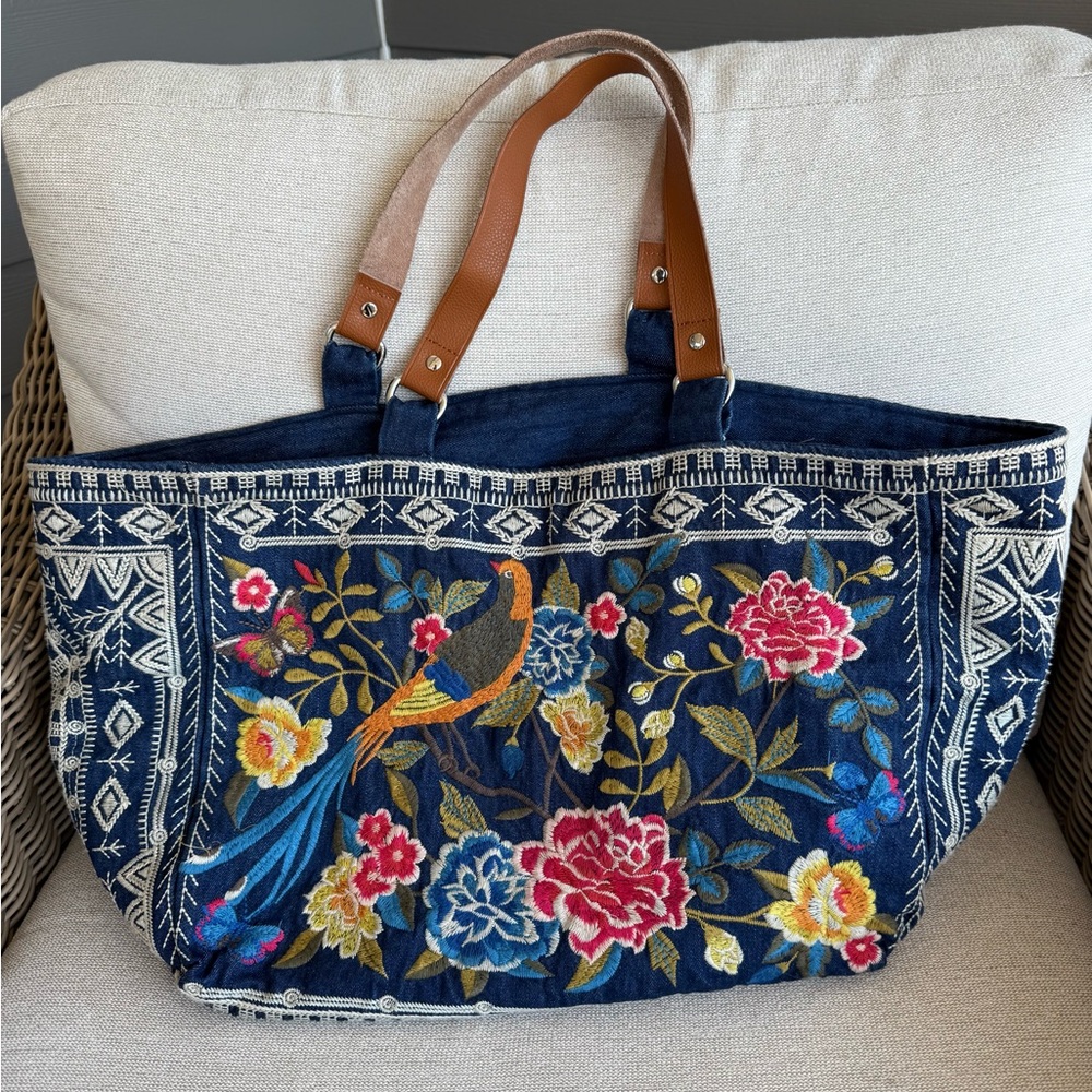 Johnny Was Blue Floral Embroidered Tote